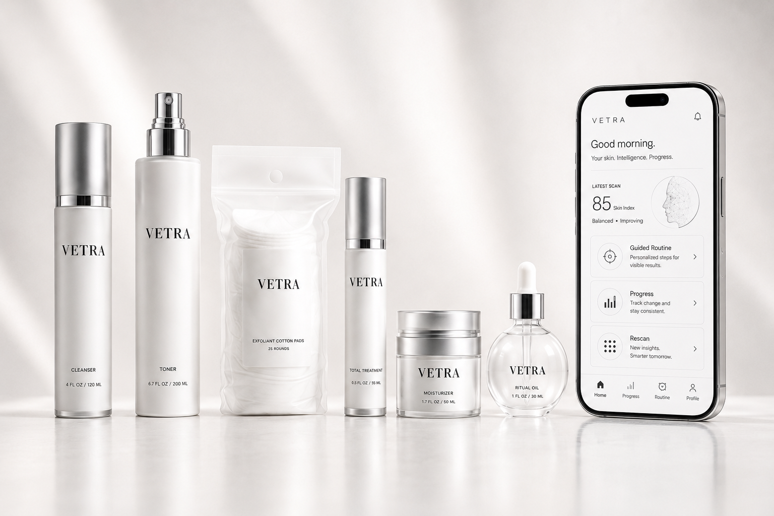 The Vetra Method product system alongside the app on a phone